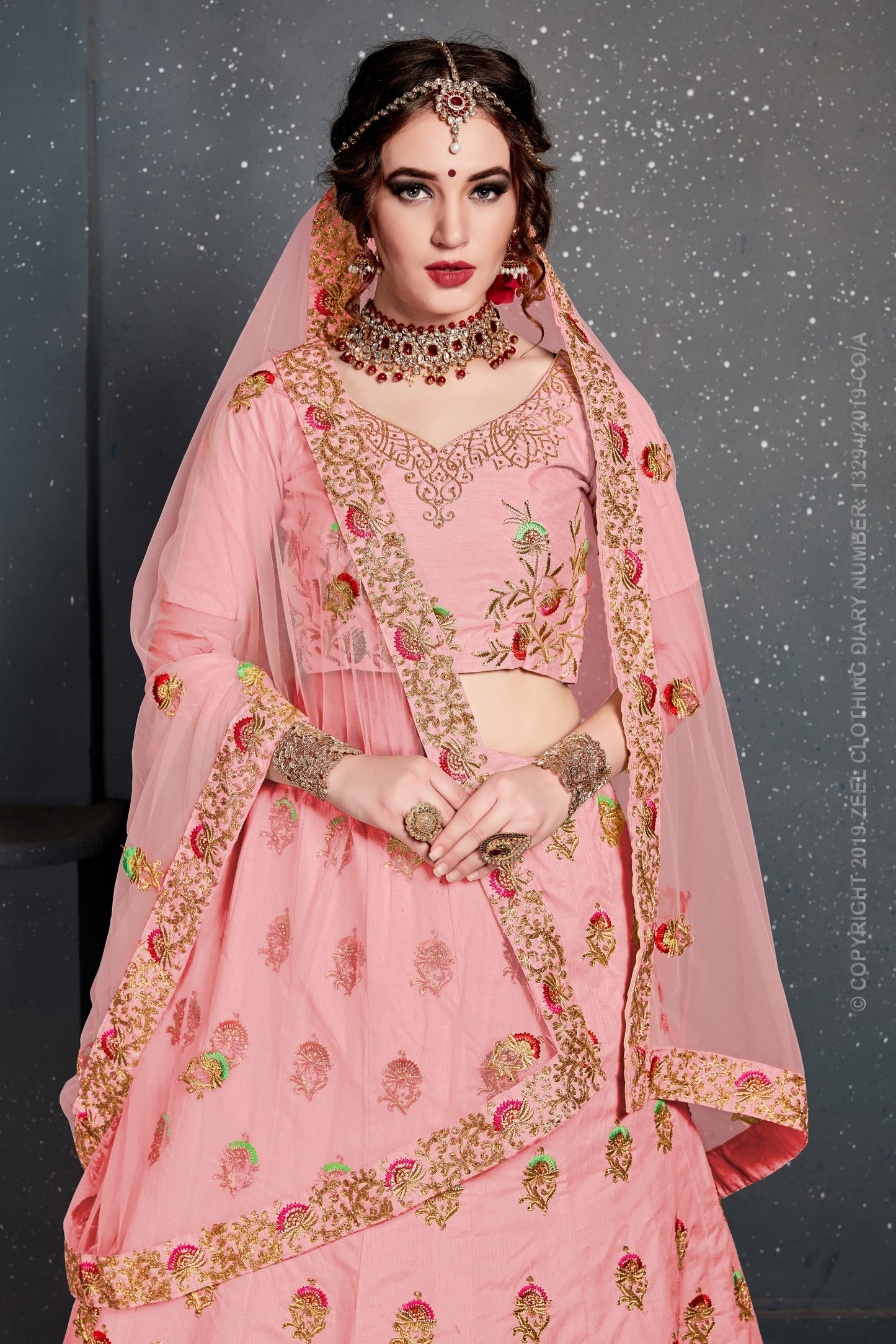 Baby Pink Color Slub Silk Thread,Dori, Zari Embroidery With Diamond Work Lehenga Choli