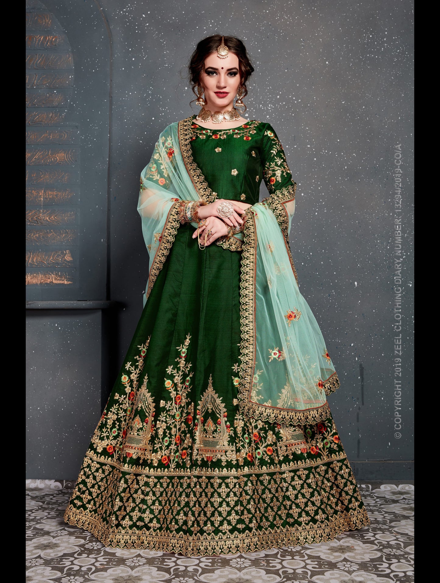 Green Color Tafeta Satin Silk Thread,Dori, Zari Embroidery With Diamond Work Lehenga Choli