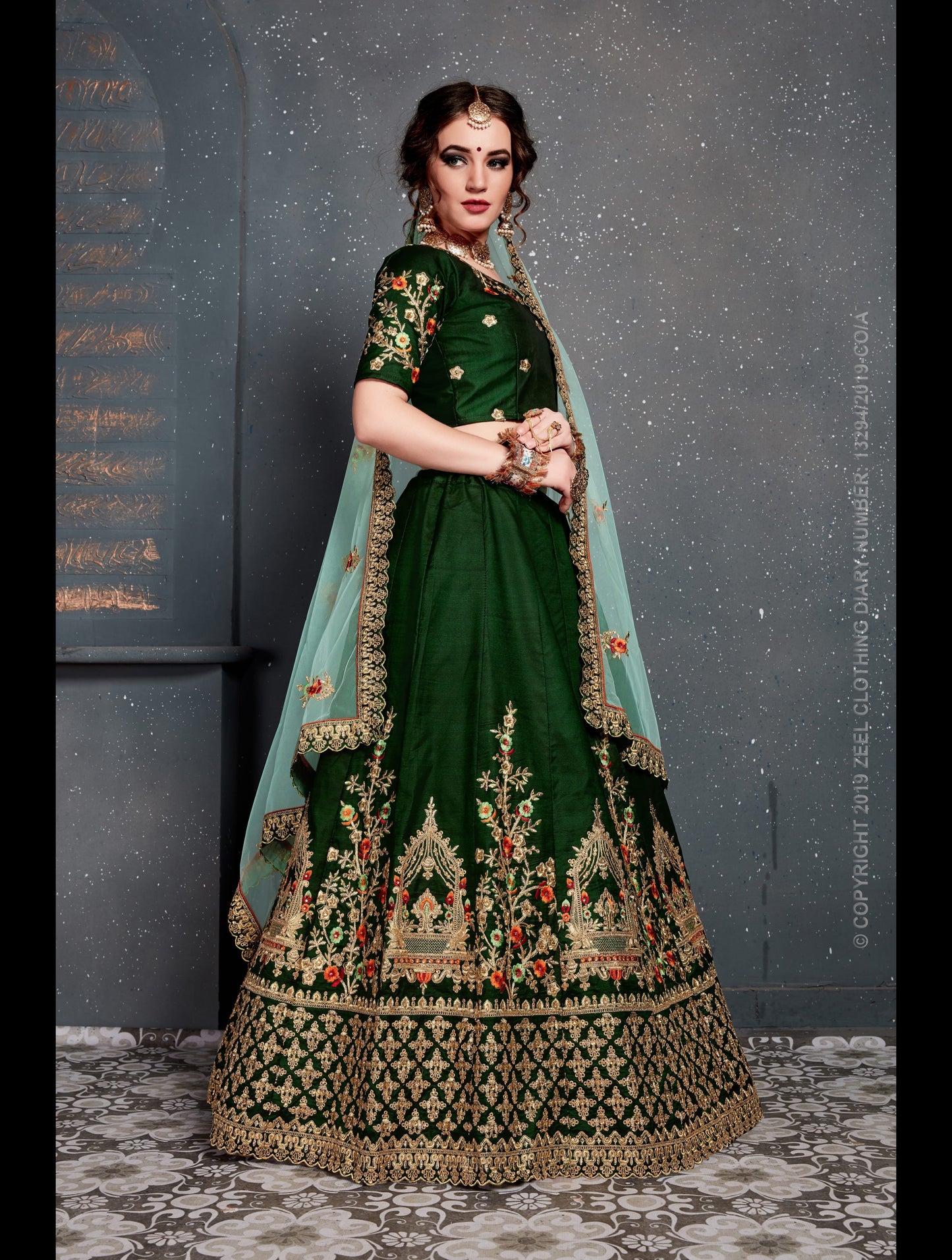 Green Color Tafeta Satin Silk Thread,Dori, Zari Embroidery With Diamond Work Lehenga Choli
