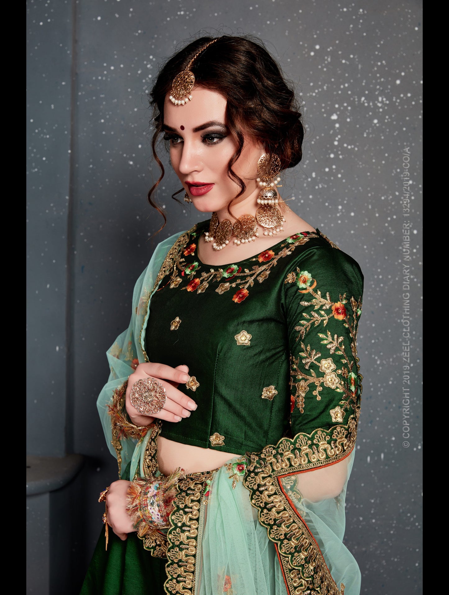 Green Color Tafeta Satin Silk Thread,Dori, Zari Embroidery With Diamond Work Lehenga Choli