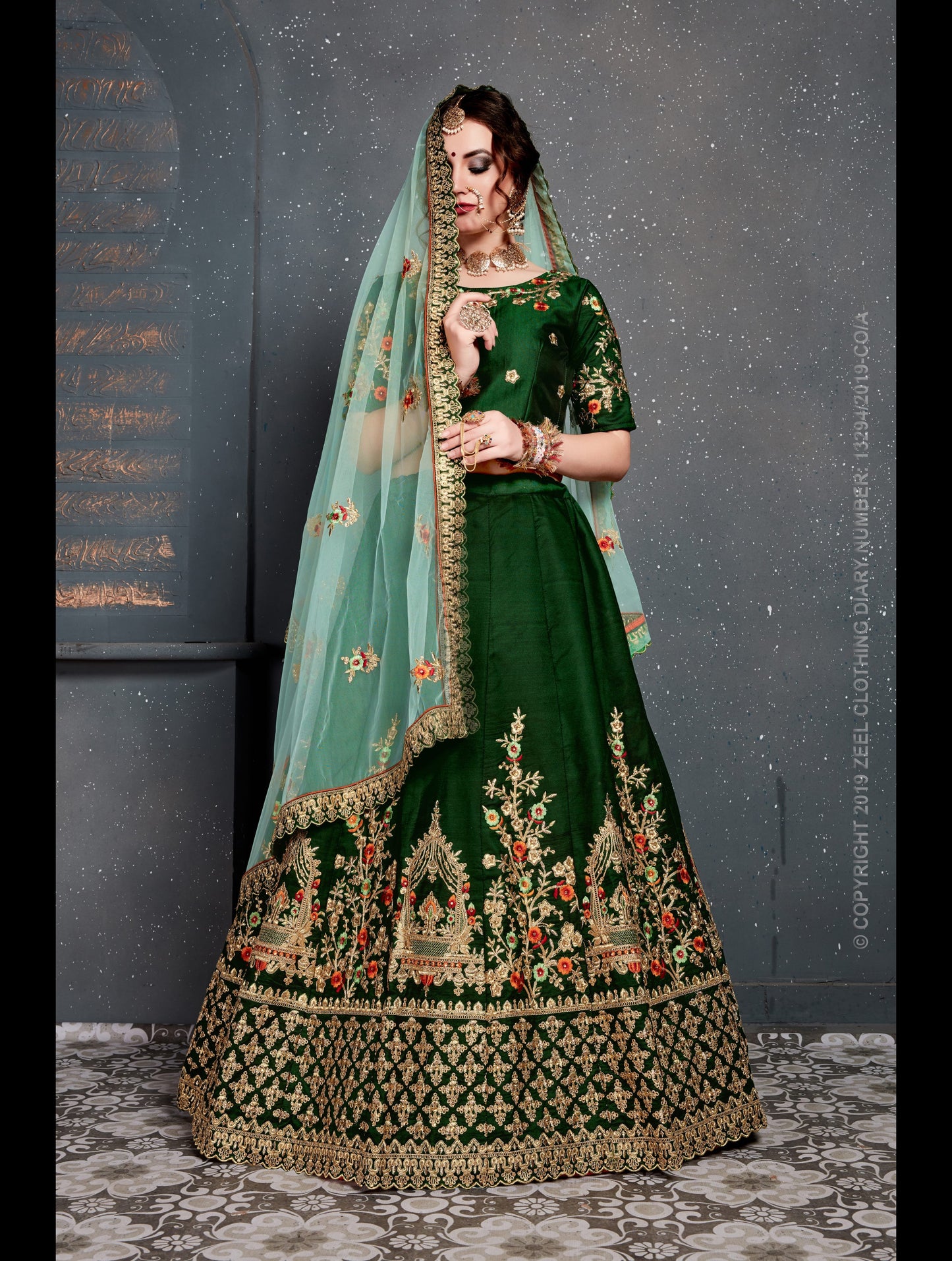 Green Color Tafeta Satin Silk Thread,Dori, Zari Embroidery With Diamond Work Lehenga Choli