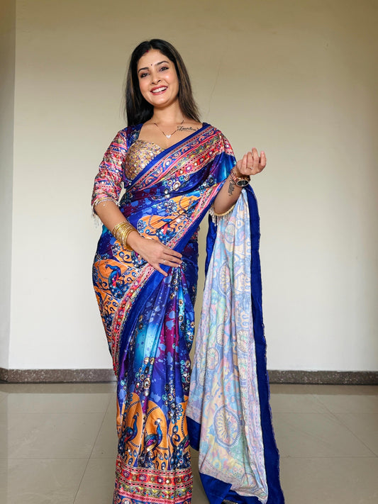 Royal Blue Artistic Digital Print Modal Silk Saree with Multicolor Heritage Border, Designer Pallu & Tassel Detailing