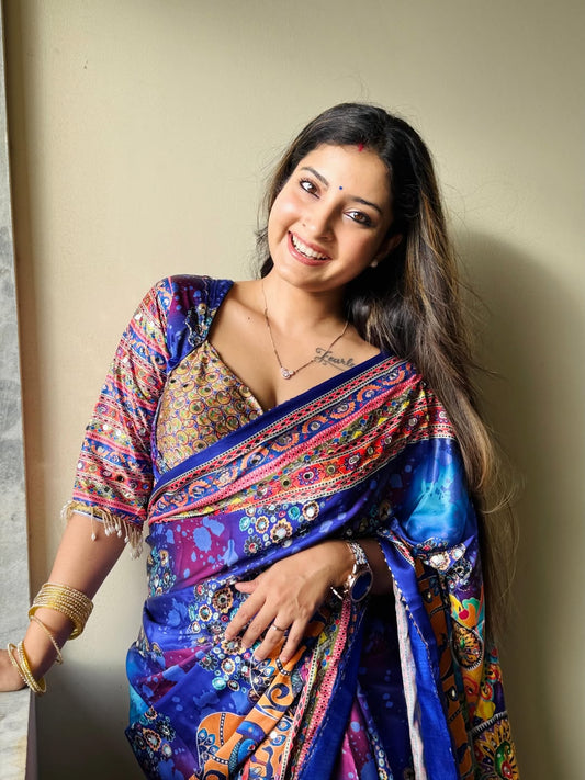 Royal Blue Artistic Digital Print Modal Silk Saree with Multicolor Heritage Border, Designer Pallu & Tassel Detailing