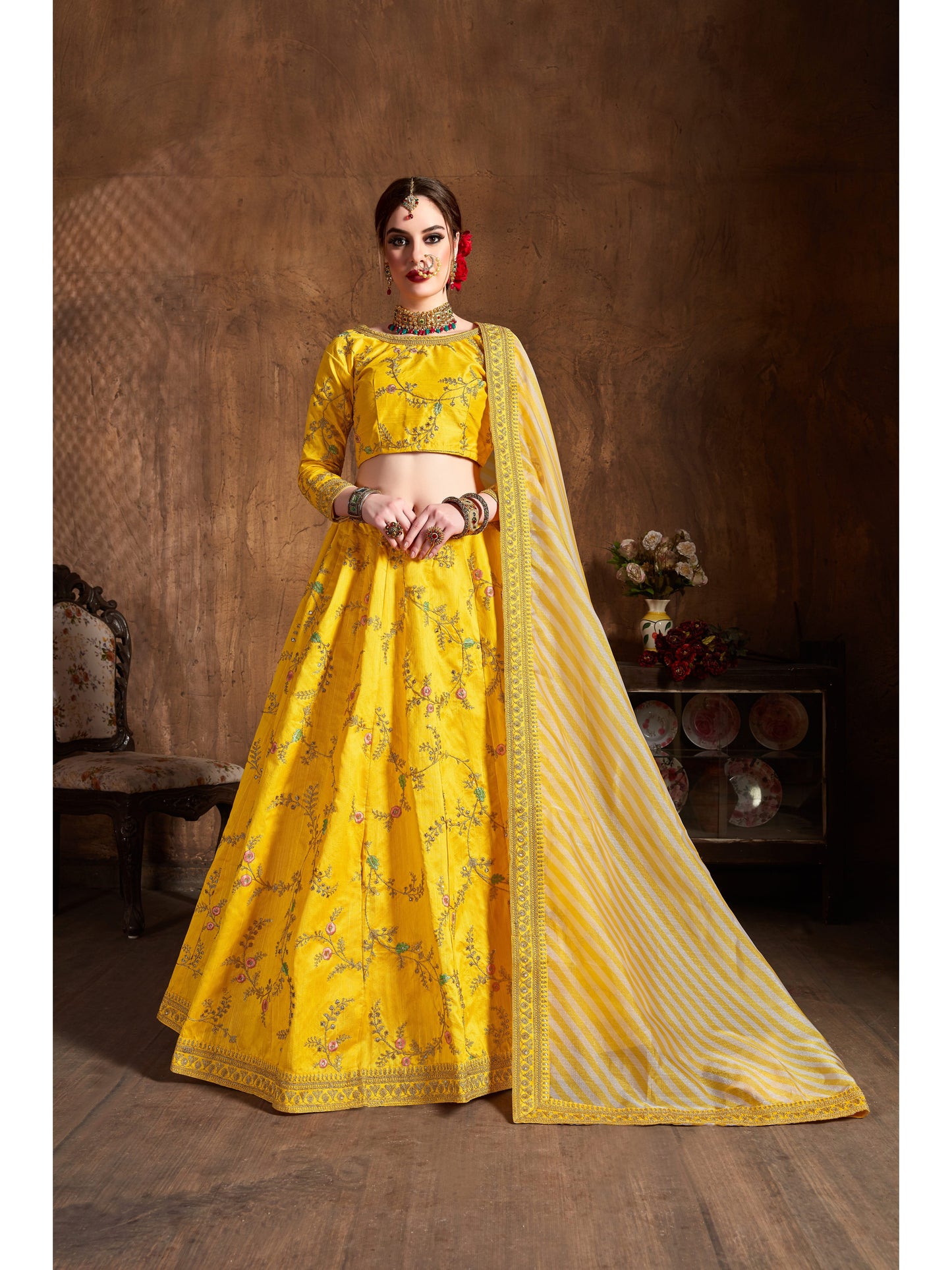 Yellow Color ZARI, SEQUINS, THREAD AND DORI EMBROIDERY Lehenga Choli
