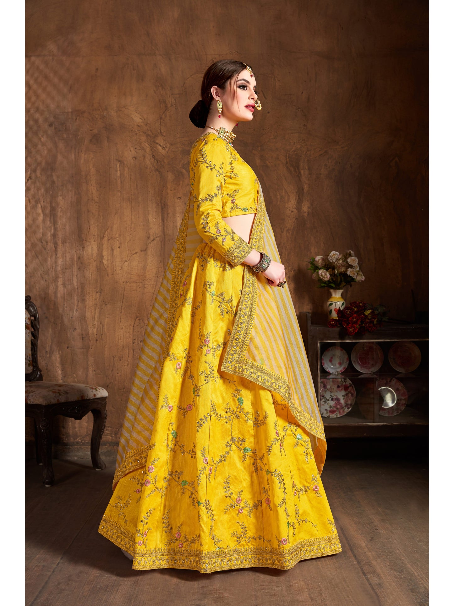 Yellow Color ZARI, SEQUINS, THREAD AND DORI EMBROIDERY Lehenga Choli