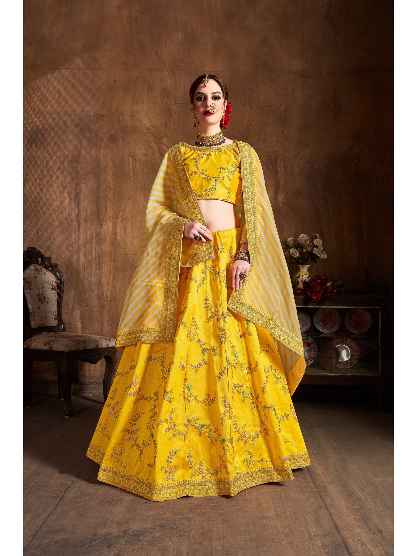 Yellow Color ZARI, SEQUINS, THREAD AND DORI EMBROIDERY Lehenga Choli