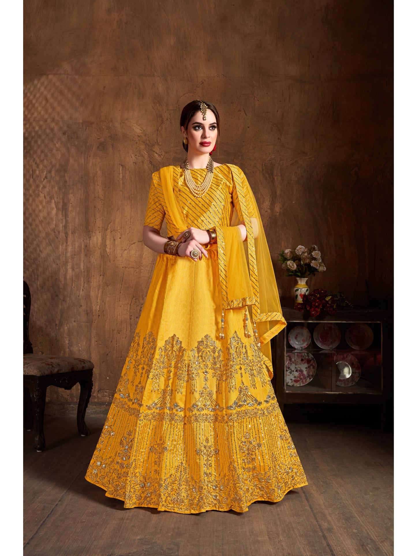 Yellow Color ZARI, SEQUINS EMBROIDERY AND DIAMOND WORK Lehenga Choli