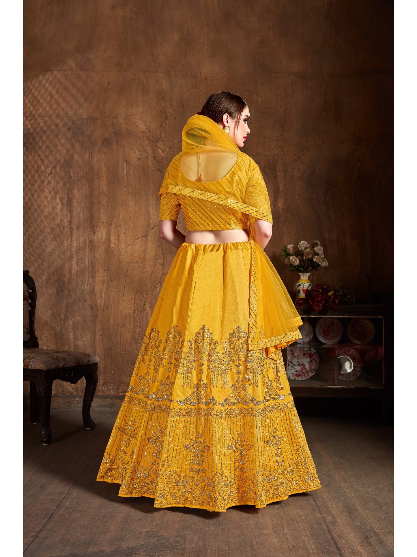 Yellow Color ZARI, SEQUINS EMBROIDERY AND DIAMOND WORK Lehenga Choli