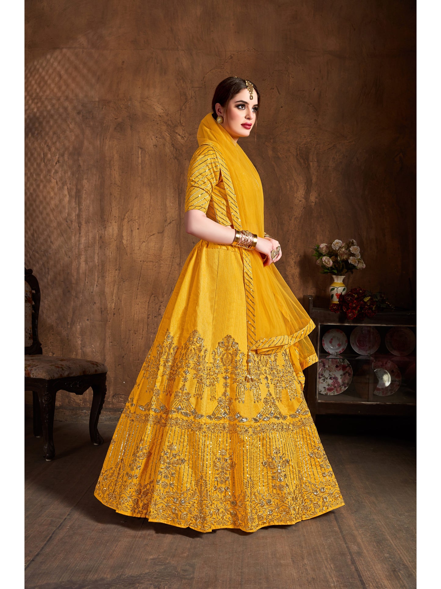 Yellow Color ZARI, SEQUINS EMBROIDERY AND DIAMOND WORK Lehenga Choli