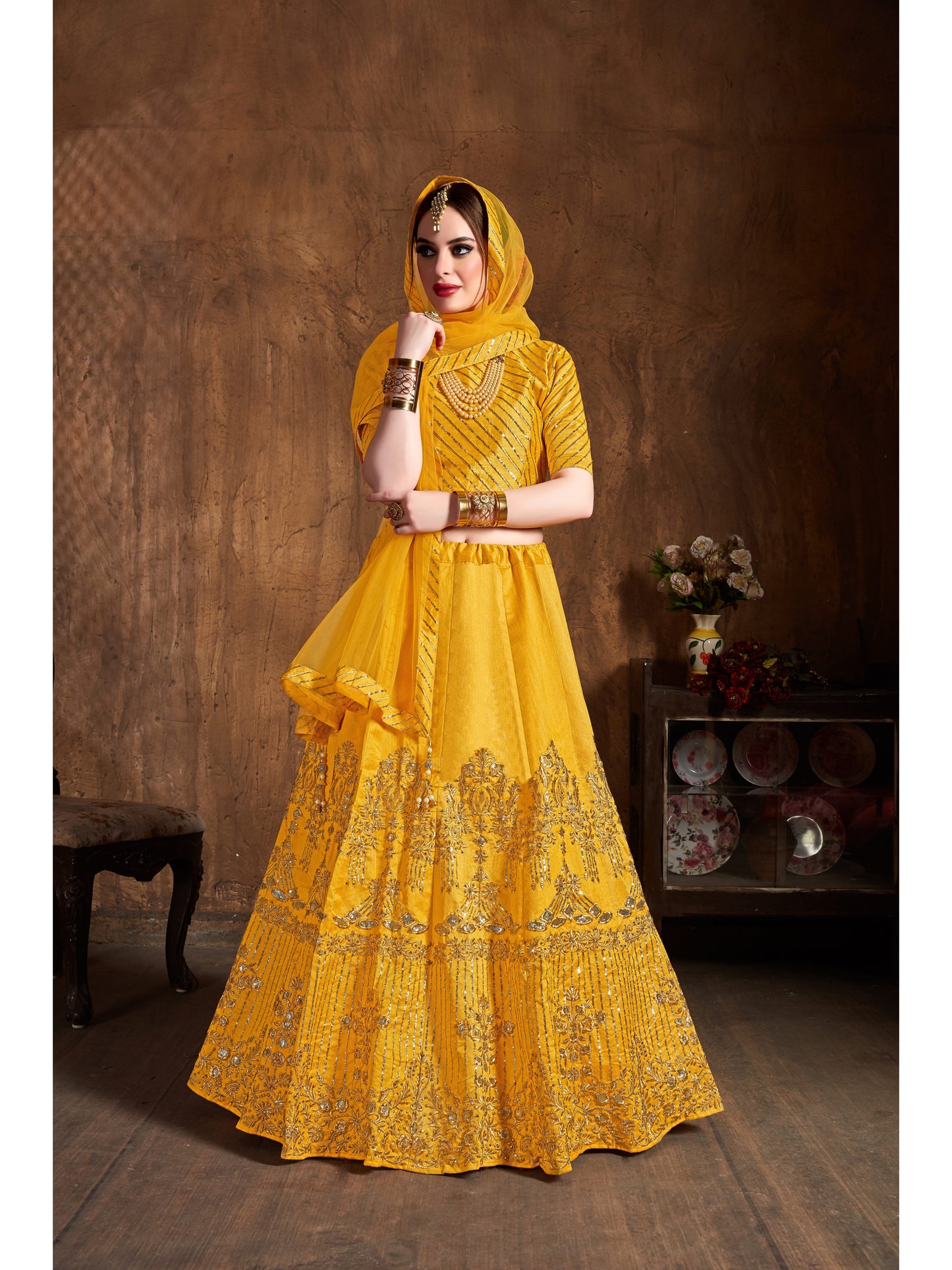 Yellow Color ZARI, SEQUINS EMBROIDERY AND DIAMOND WORK Lehenga Choli
