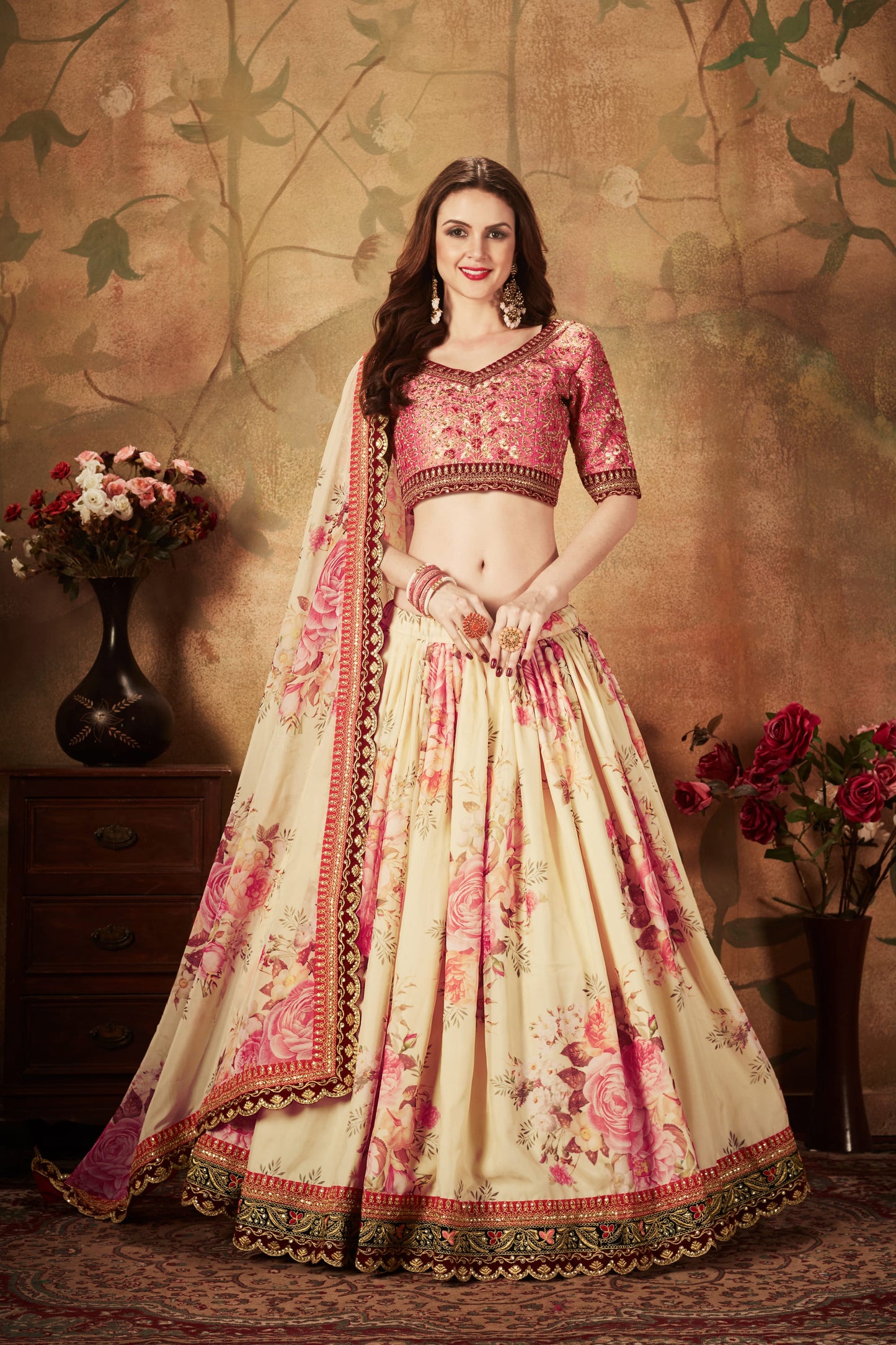 Beige Color Organza Digital Print & Dori, Zari and Sequins Embroidery Work Lehenga Choli