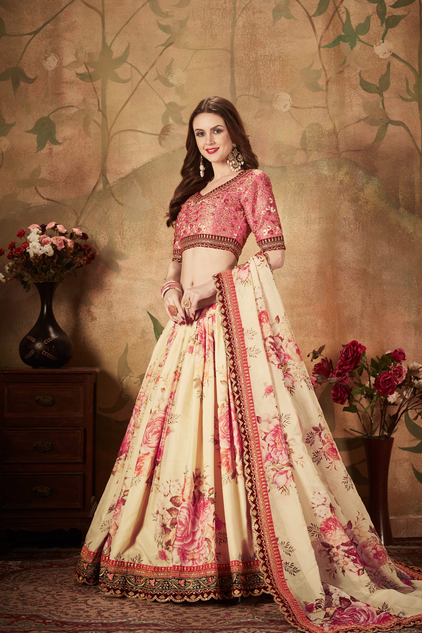 Beige Color Organza Digital Print & Dori, Zari and Sequins Embroidery Work Lehenga Choli