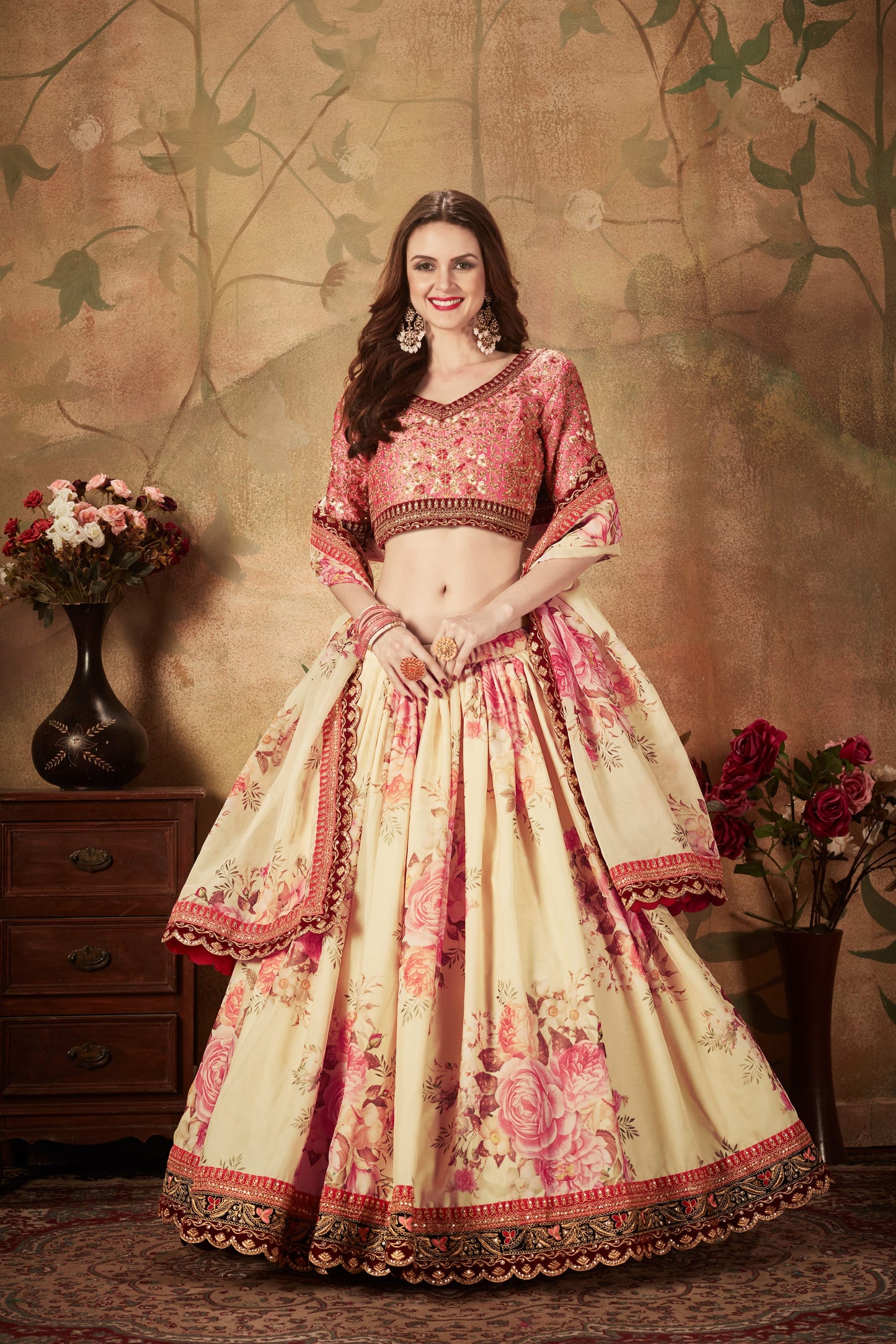Beige Color Organza Digital Print & Dori, Zari and Sequins Embroidery Work Lehenga Choli