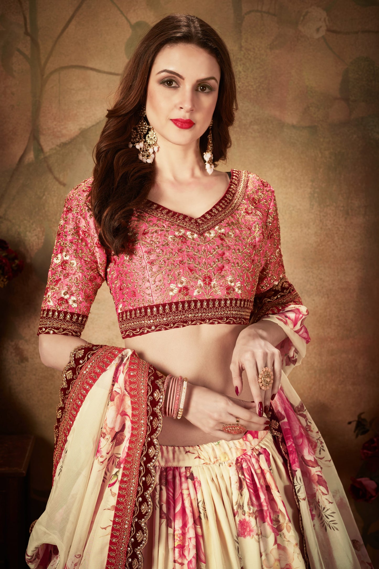 Beige Color Organza Digital Print & Dori, Zari and Sequins Embroidery Work Lehenga Choli