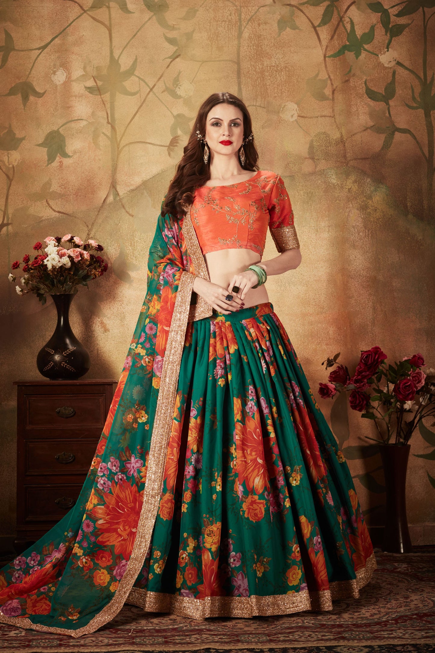 Green Color Organza Digital Print & Dori, Zari and Sequins Embroidery Work Lehenga Choli