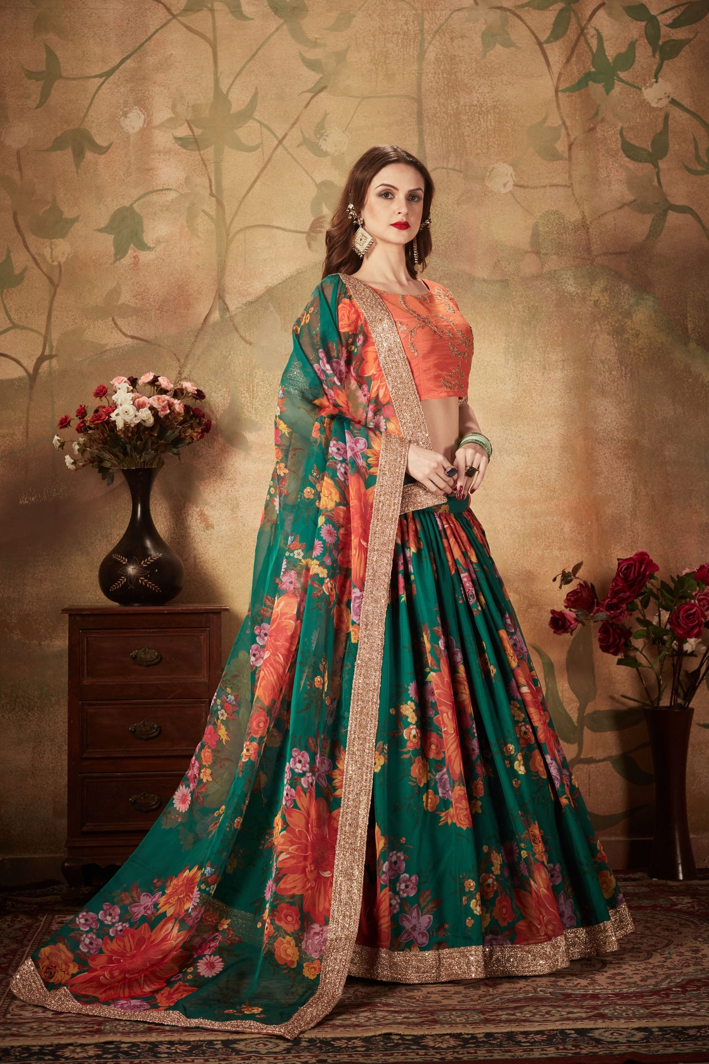 Green Color Organza Digital Print & Dori, Zari and Sequins Embroidery Work Lehenga Choli