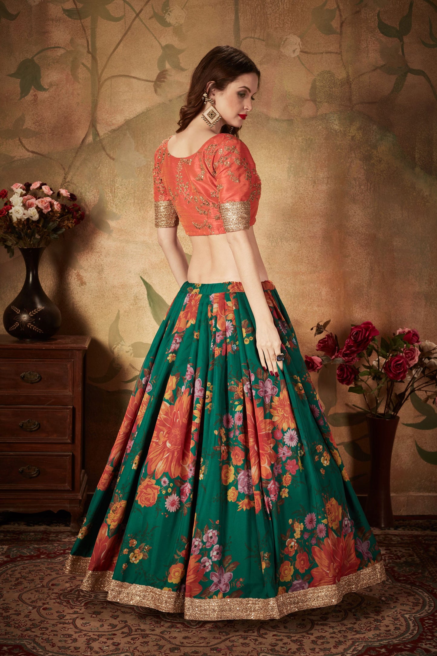 Green Color Organza Digital Print & Dori, Zari and Sequins Embroidery Work Lehenga Choli