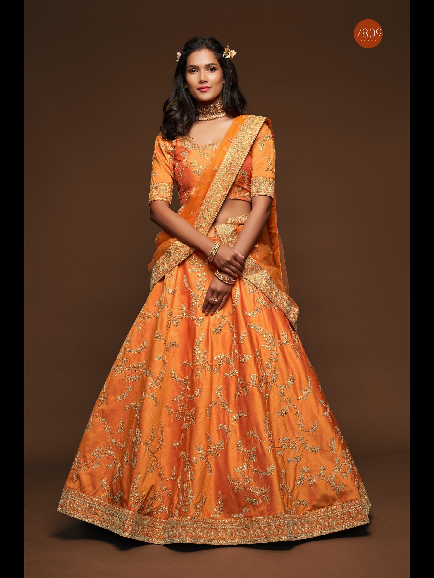 Orange Color Art Silk Thread, Zari, Dori And Sequins Embroidery Work Lehenga Choli