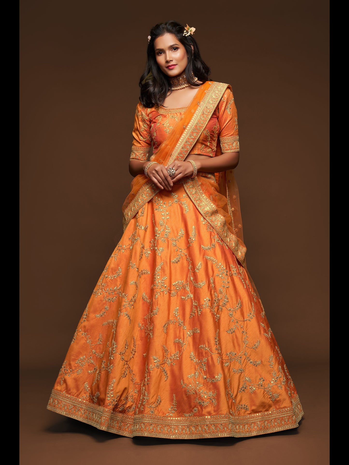 Orange Color Art Silk Thread, Zari, Dori And Sequins Embroidery Work Lehenga Choli