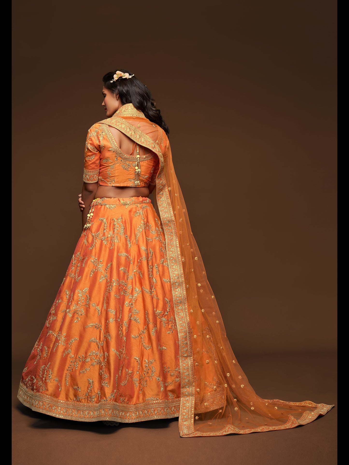 Orange Color Art Silk Thread, Zari, Dori And Sequins Embroidery Work Lehenga Choli