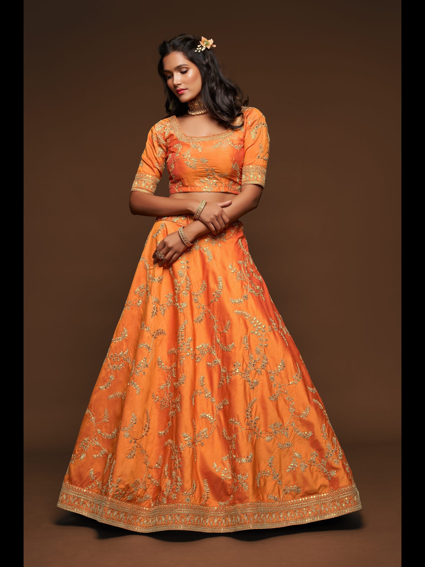 Orange Color Art Silk Thread, Zari, Dori And Sequins Embroidery Work Lehenga Choli
