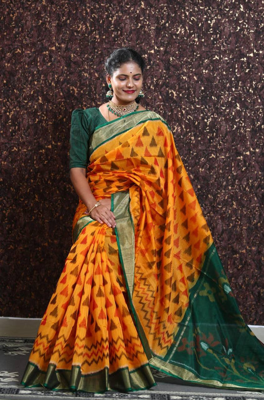 Orange-Green Color Super Beautiful Ikkat Patola Digital Print Saree With Golden Border