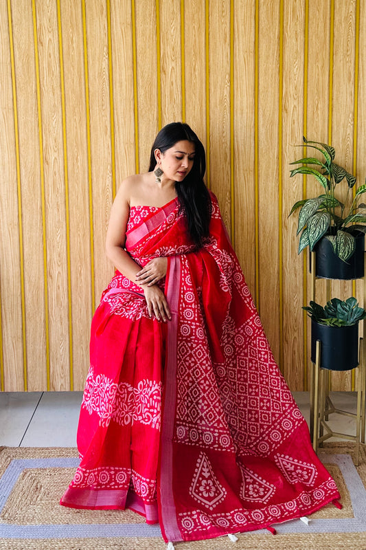 Red-White Color Exclusive Quality Beautiful Soft Linen Cotton Digital Print Saree