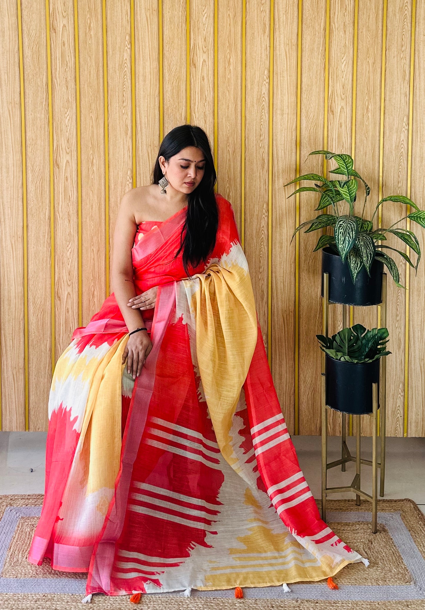 Yellow Color Soft Linen Cotton Digital Print Saree Very Premium And Rich Quality