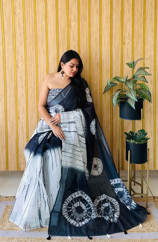 White-Black Color Soft Linen Cotton Digital Print Saree Very Premium And Rich Quality