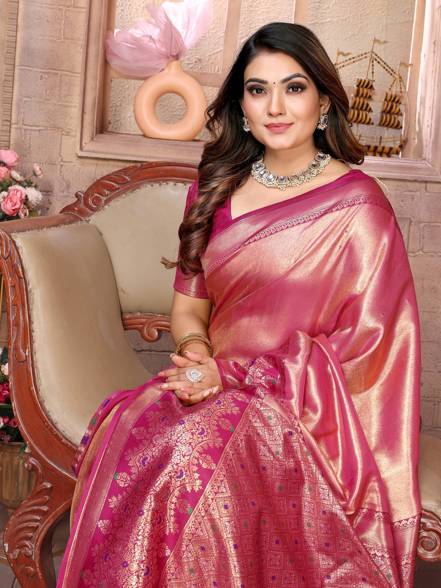Peach Color Superior Pure Banarasi Tissue Silk Saree With Weaving Butties