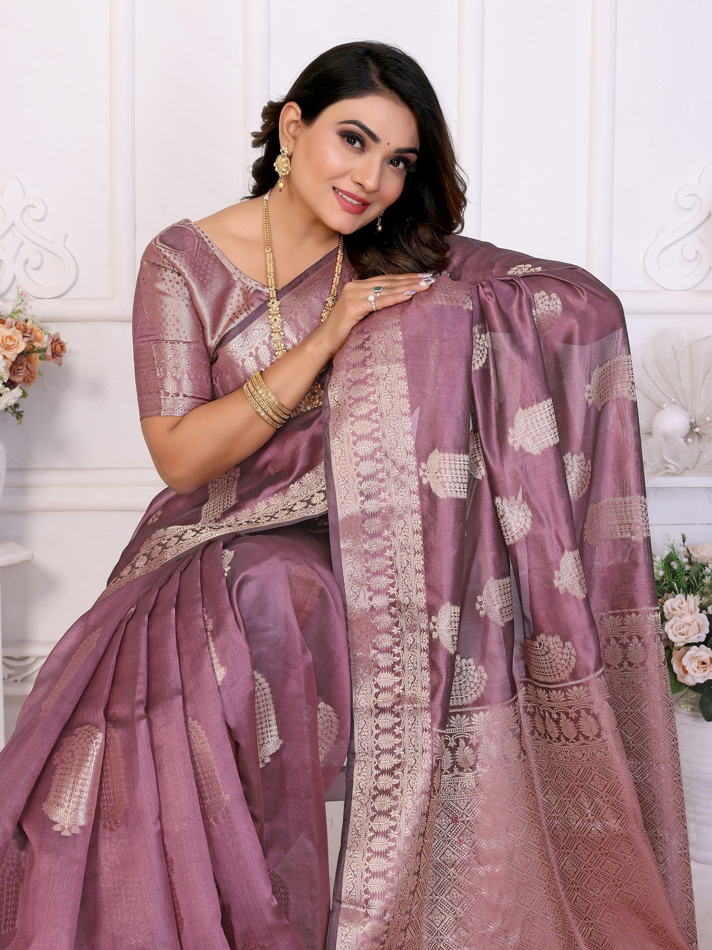 Brown Color Premium And Superior Soft Organza Silk Banarasi Saree Butta With Unique Colour