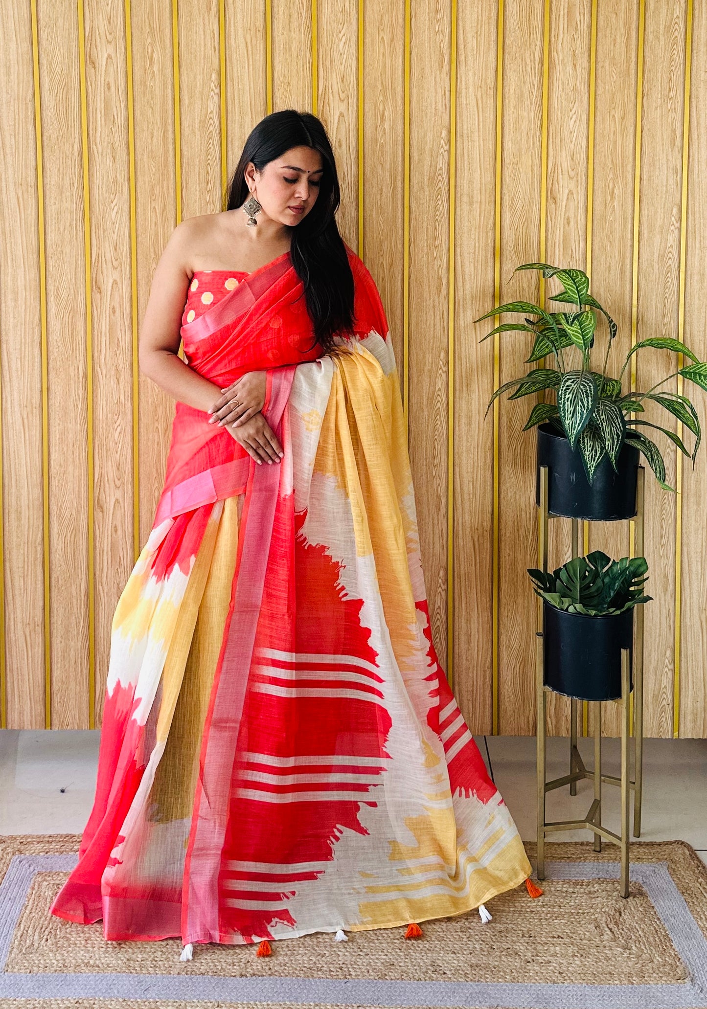 Yellow Color Soft Linen Cotton Digital Print Saree Very Premium And Rich Quality