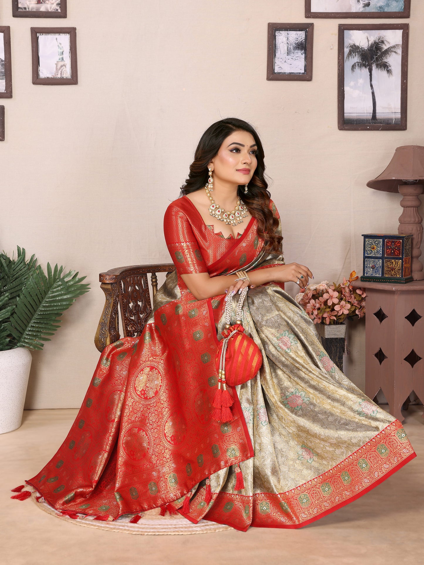 Red Saroz banarasi tissue silk sarees with all over weaving butties