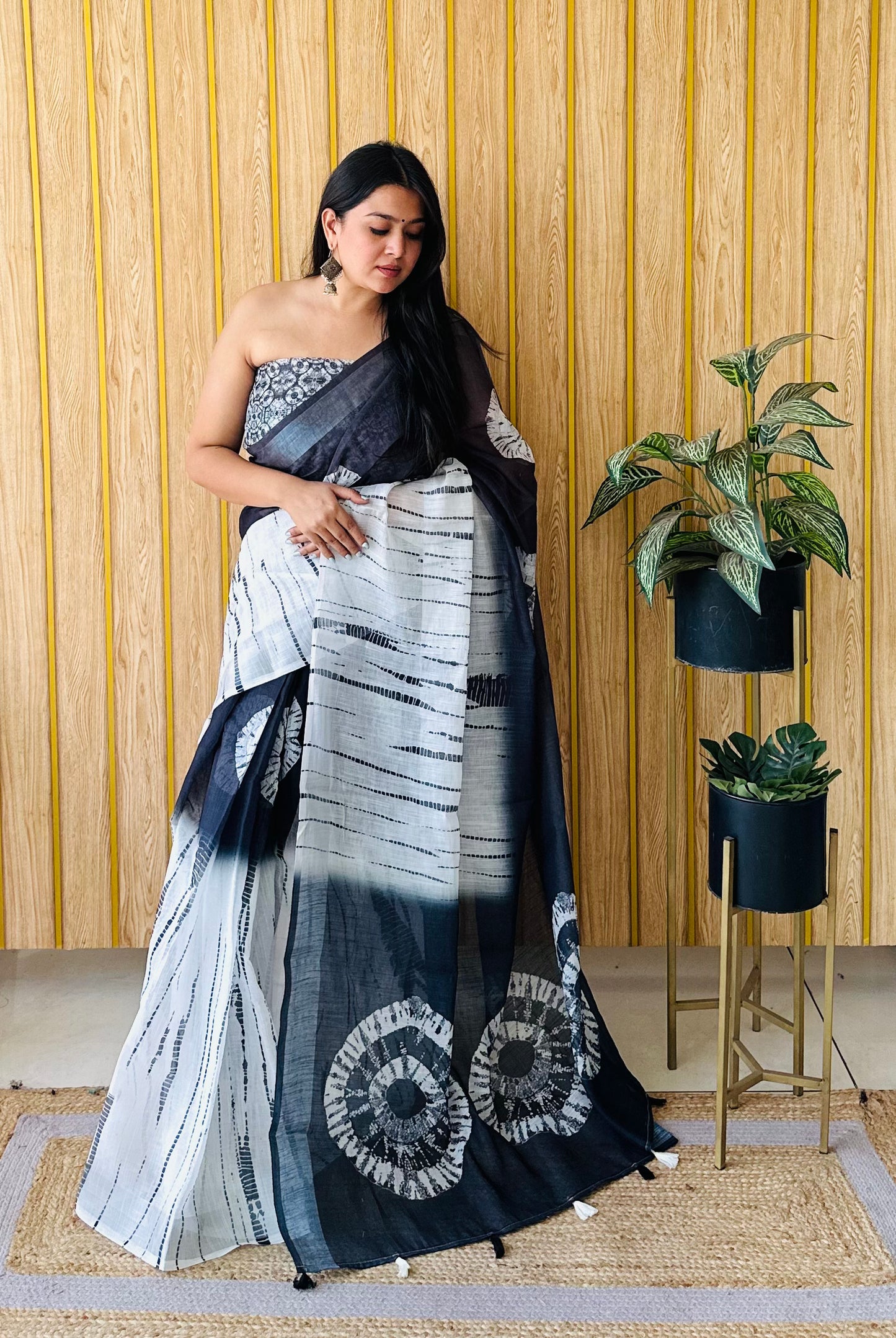 White-Black Color Soft Linen Cotton Digital Print Saree Very Premium And Rich Quality