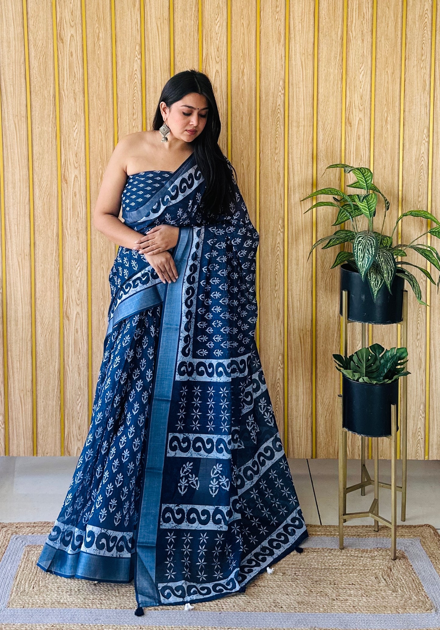 Blue Color Soft Linen Cotton Digital Print Saree Very Premium And Rich Quality
