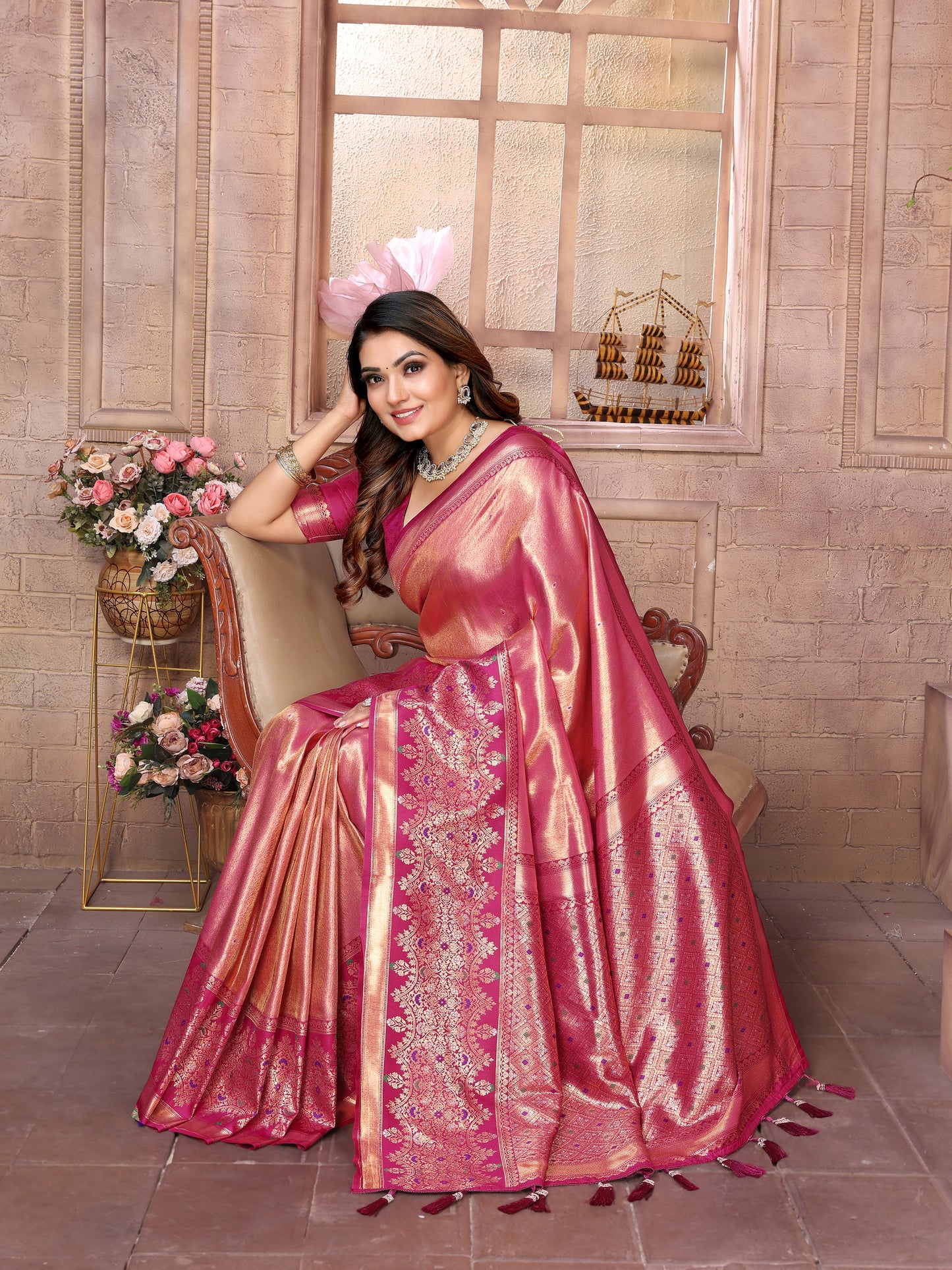 Peach Color Superior Pure Banarasi Tissue Silk Saree With Weaving Butties