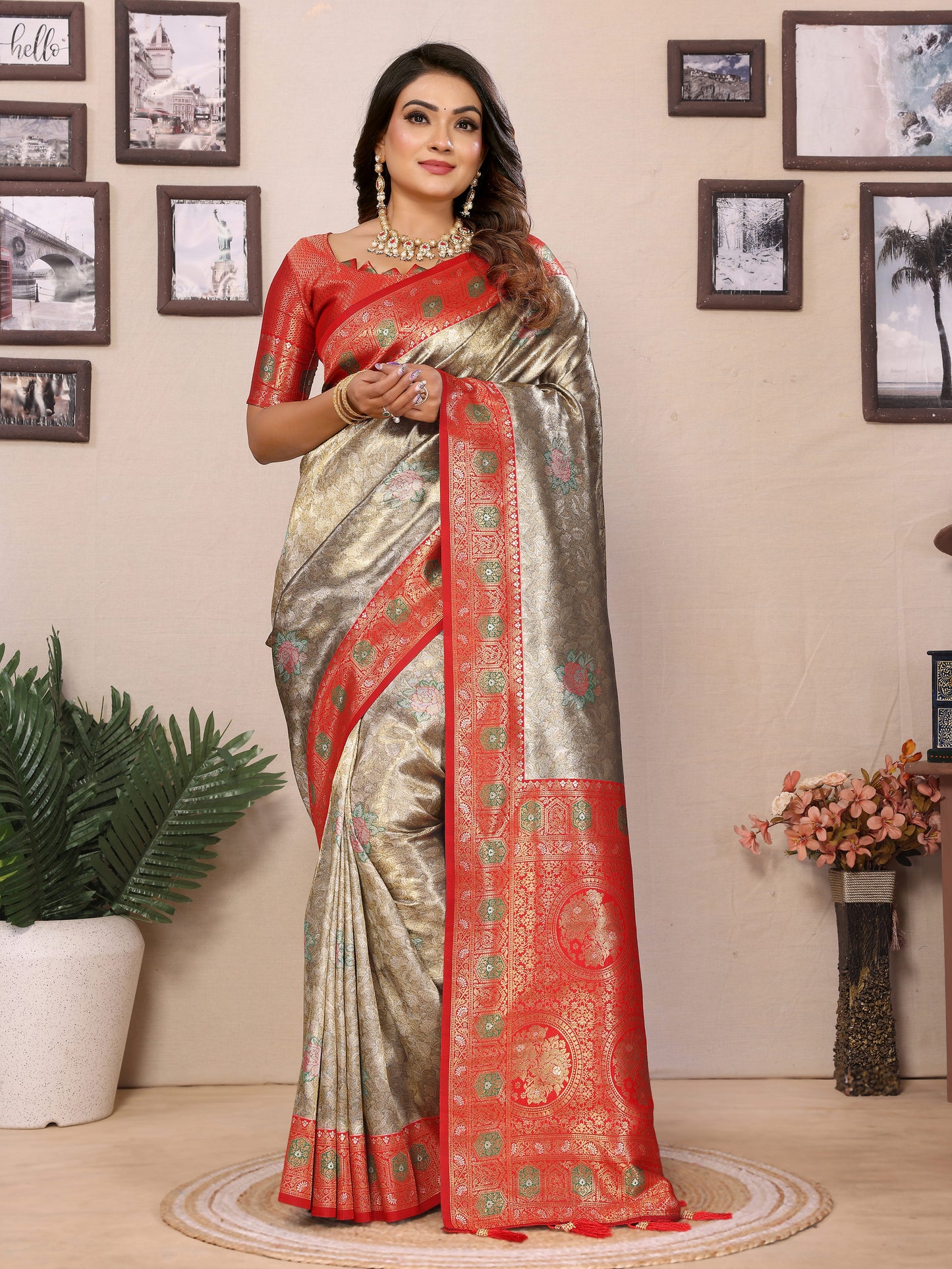 Red Saroz banarasi tissue silk sarees with all over weaving butties