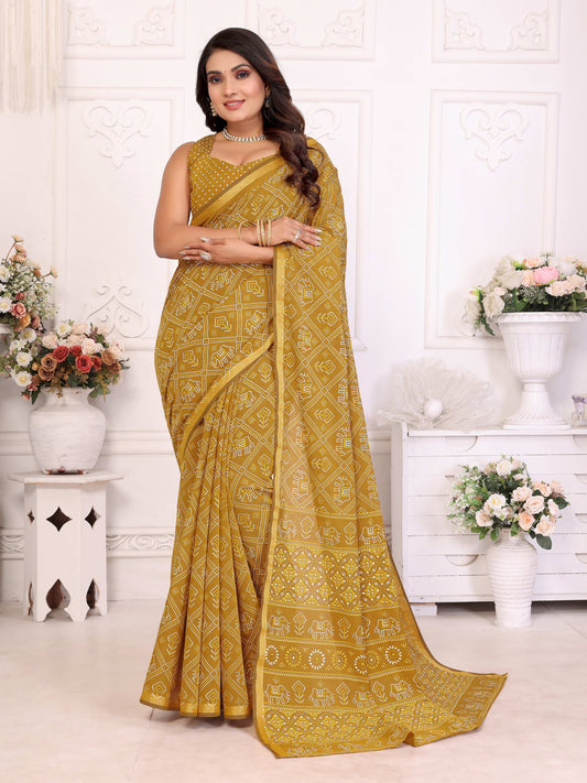 पीली अंबिका शुद्ध पटोला और बंधेज पैटर्न की मुलायम सूती हल्के वजन की साड़ी