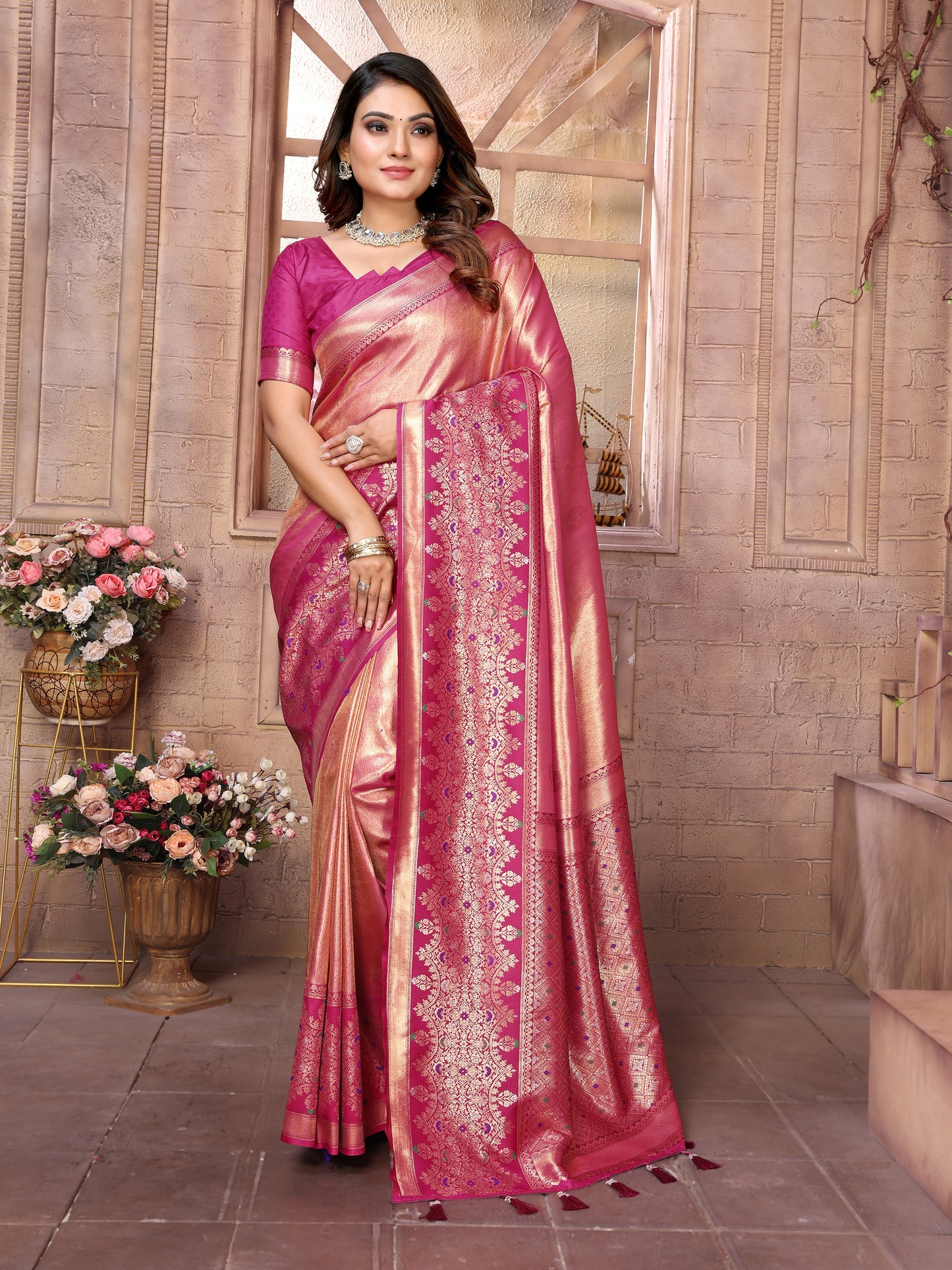 Peach Color Superior Pure Banarasi Tissue Silk Saree With Weaving Butties