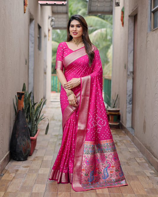 Pink Yashomati Dola Soft Silk Bandhej Sarees With Jari Weaving Border