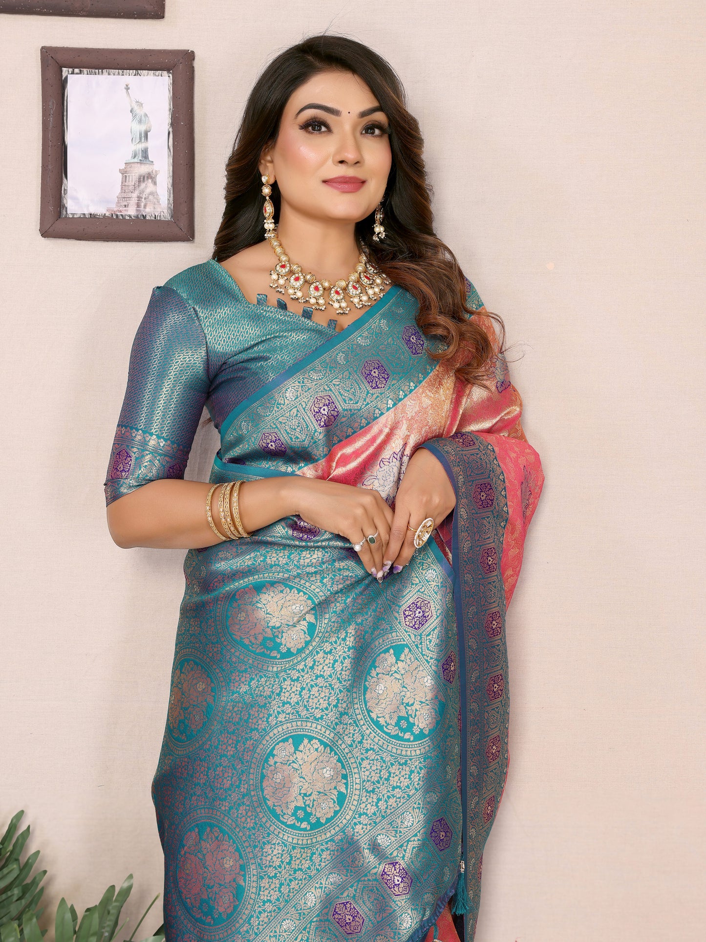 Peach Saroz banarasi tissue silk sarees with all over weaving butties