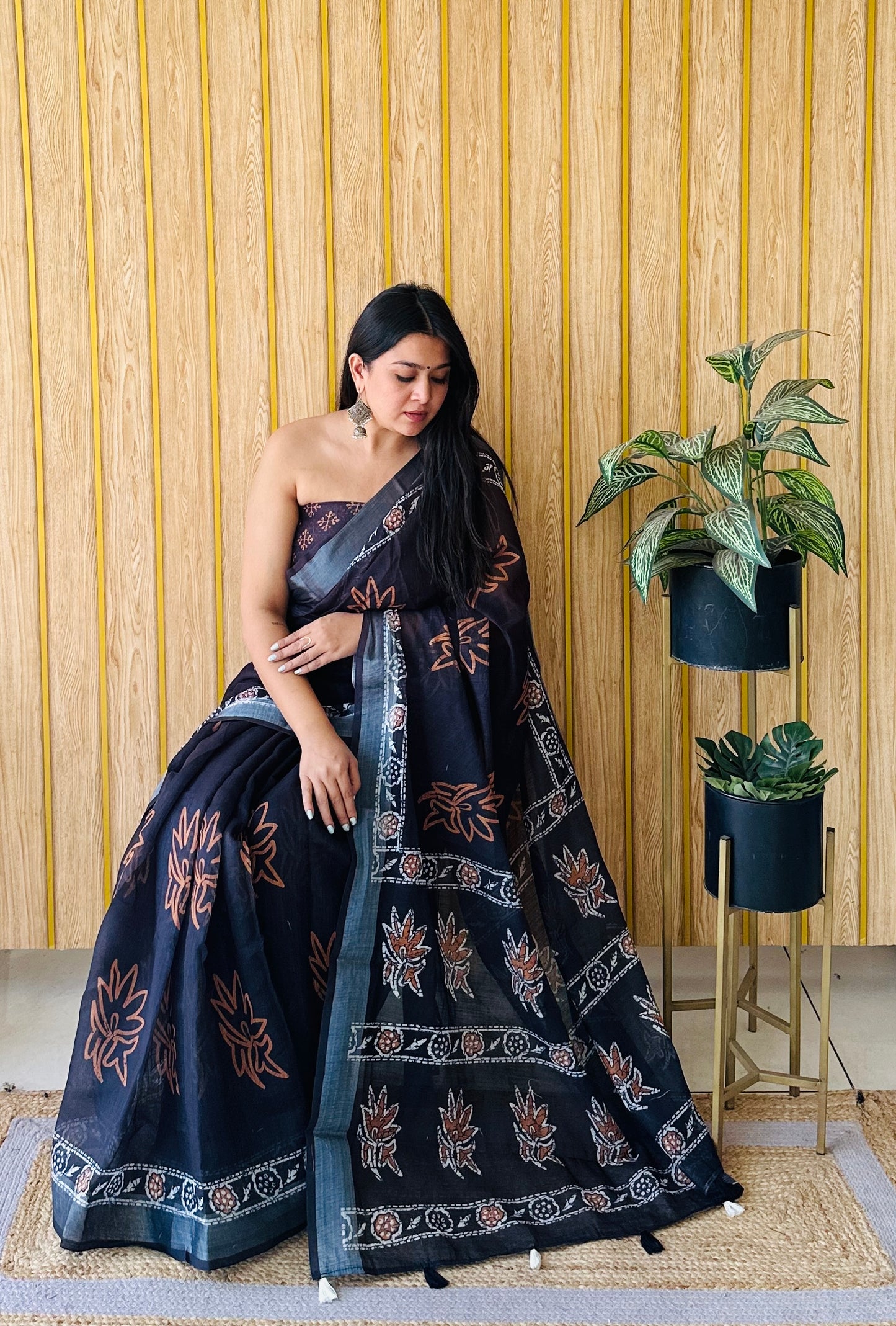 Black-Yellow Color Soft Linen Cotton Digital Print Saree Very Premium And Rich Quality