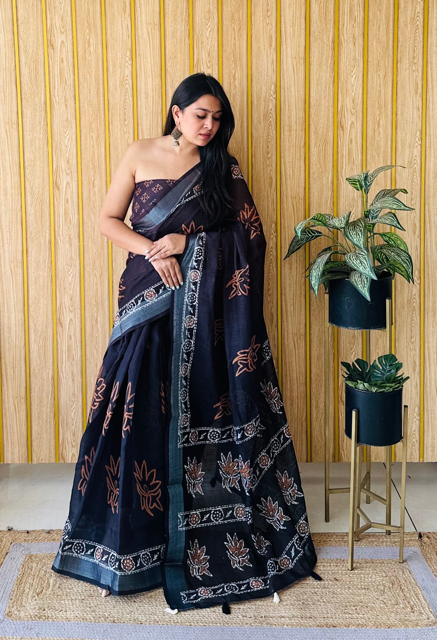 Black-Yellow Color Soft Linen Cotton Digital Print Saree Very Premium And Rich Quality