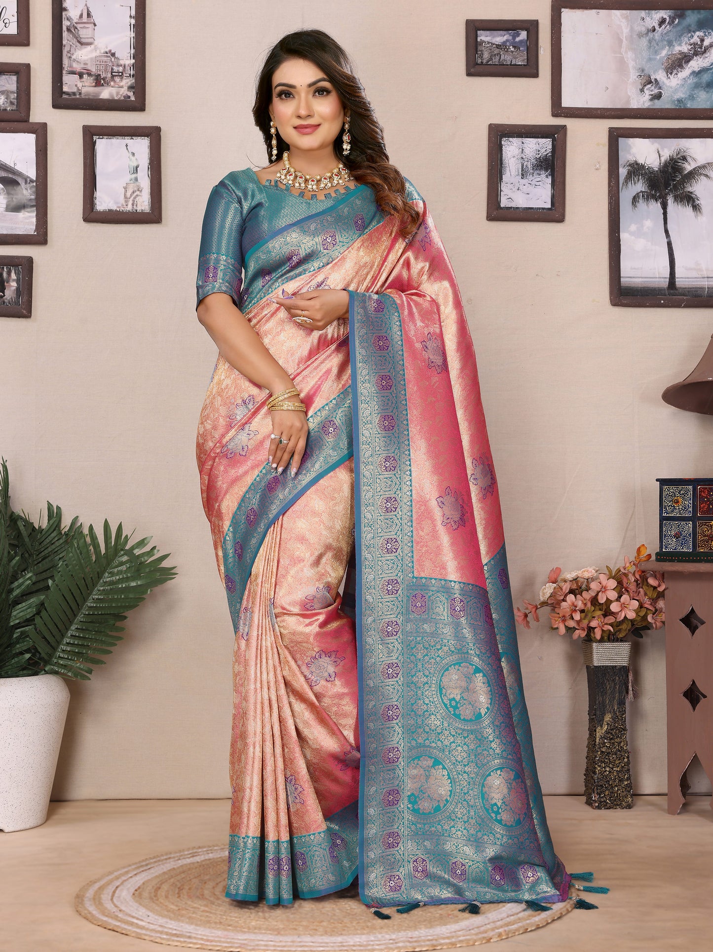 Peach Saroz banarasi tissue silk sarees with all over weaving butties