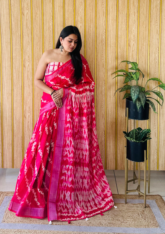 Pink Color Soft Linen Cotton Digital Print Saree Very Premium And Rich Quality