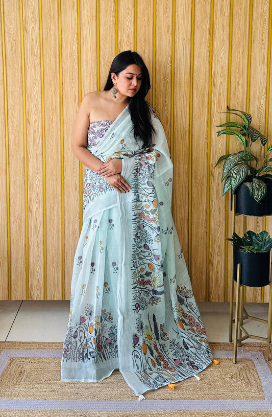 Green Color Premium Quality Beautiful Soft Linen Cotton Digital Print Saree