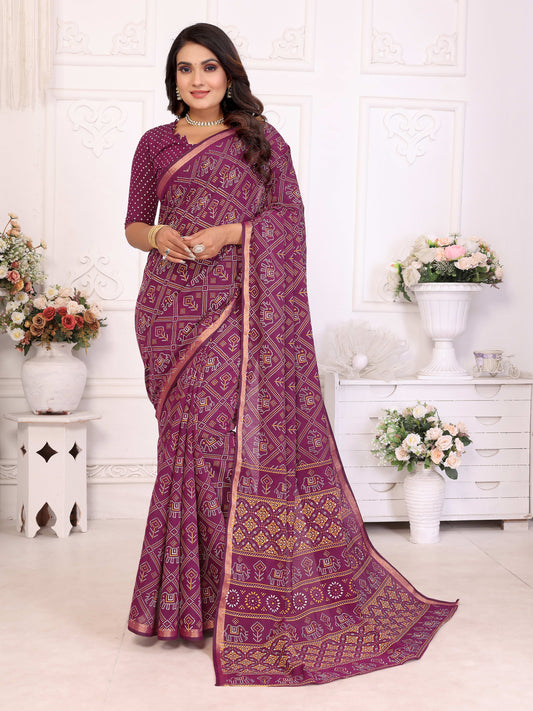 बैंगनी अंबिका शुद्ध पटोला और बंधेज पैटर्न मुलायम सूती हल्के वजन की साड़ी