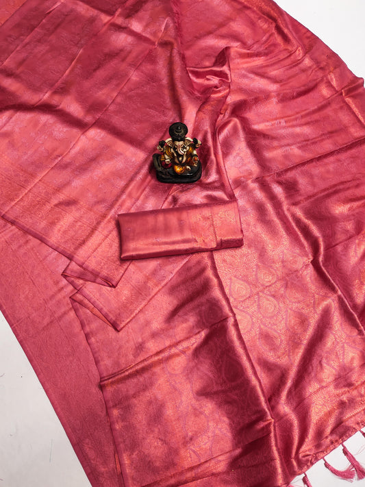 पीच रोज़ा सॉफ्ट सिल्क कांजीवरम मिश्रण साड़ी सुंदर बुनाई विशेष काम के साथ