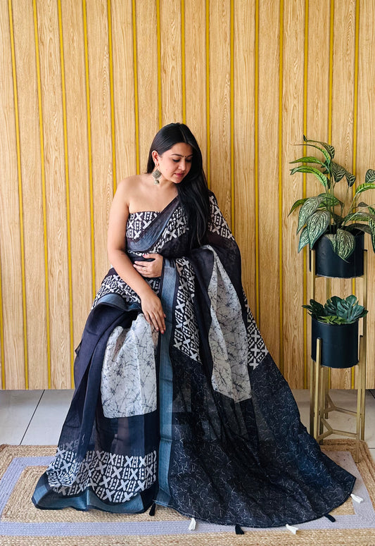 Black-White Color Exclusive Quality Beautiful Soft Linen Cotton Digital Print Saree
