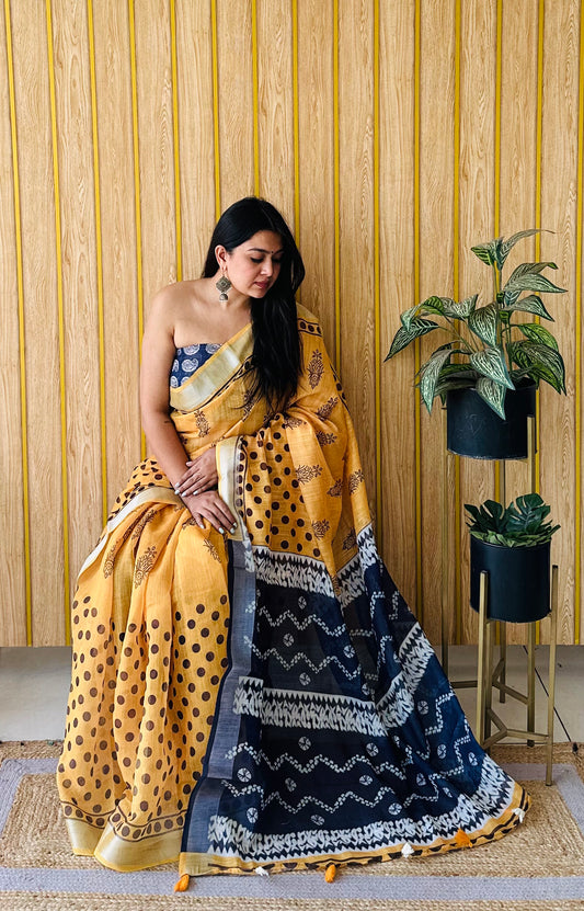 Yellow-Blue Color Soft Linen Cotton Digital Print Saree Very Premium And Rich Quality